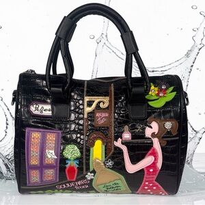 Black Embellished Patchwork Satchel Bag
